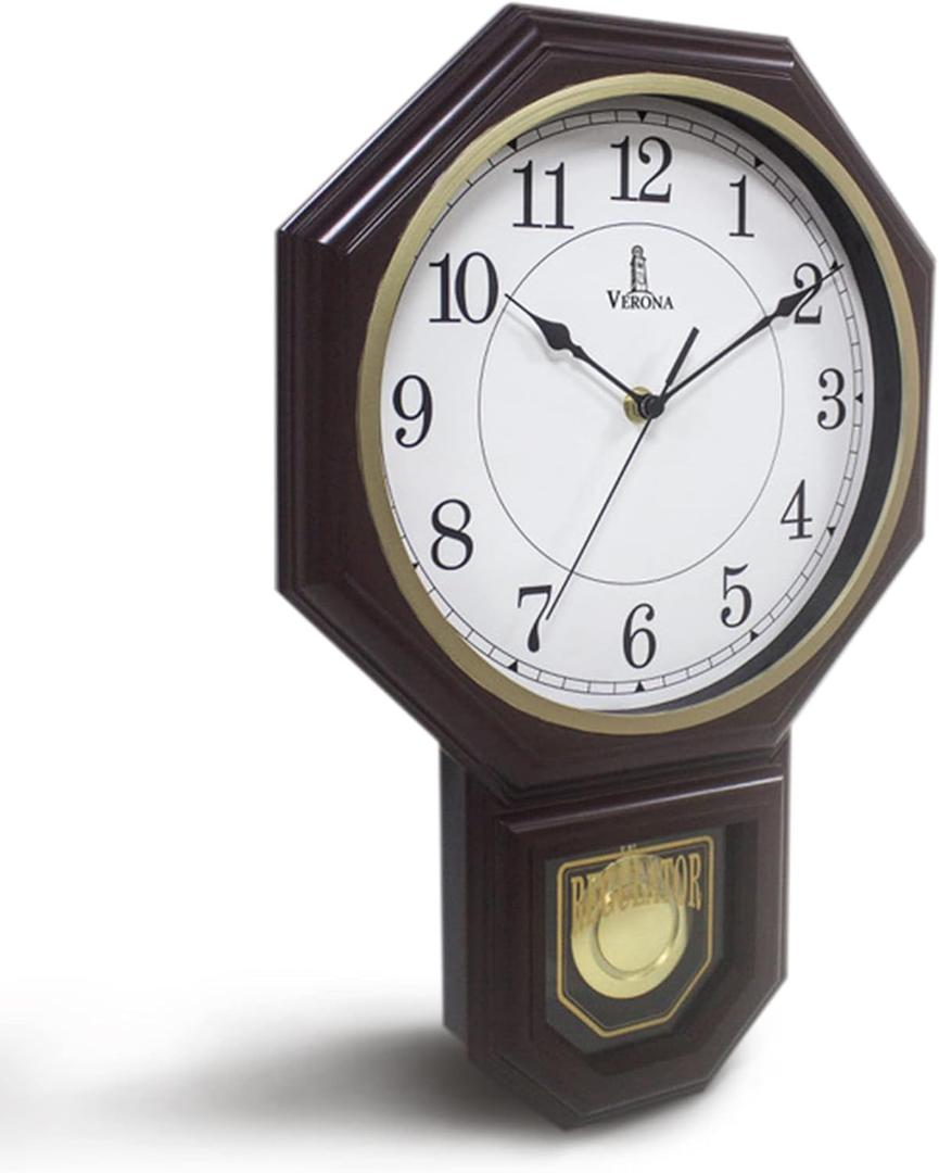 Chiming Wall Clock with Pendulum - Schoolhouse Regulator Clock with Westminster Chime - Battery Operated for Living Room, Office & Home Decor 17x11 (Dark Faux Wood)