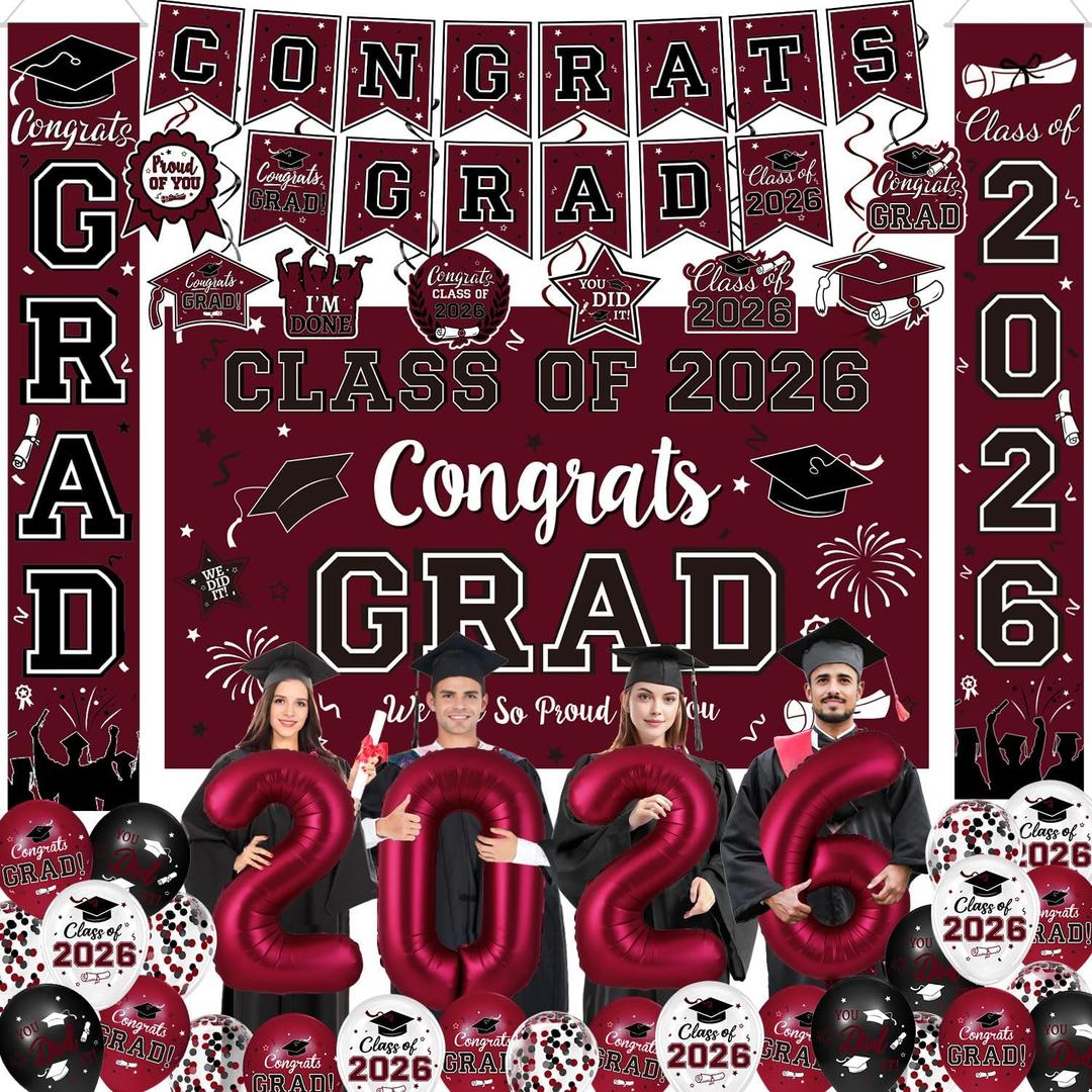 Graduation Decorations Class of 2026 - Maroon Graduation Party Supplies Congrats Grad Backdrop & Banner, Hanging Swirls, Porch Sign, Balloons for High School & College Celebrations