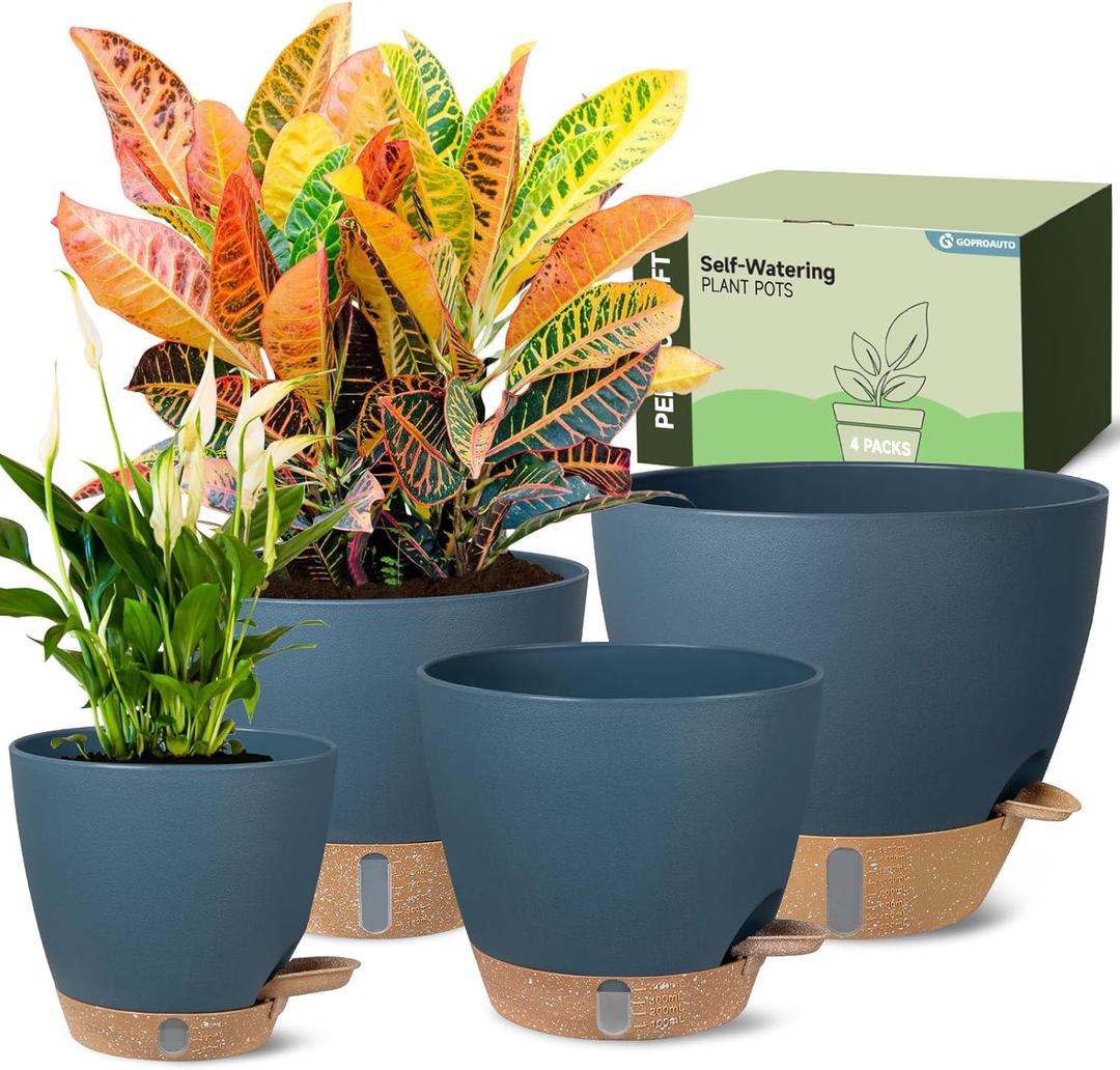 Self-Watering Pots for Indoor Plants 4 Pack, 6/8/10/12 Inch Outdoor Planters with Water Level Indicator&Deep Reservoir, Decorative Flower Pots for Indoor Plants,Home Decor (Blue, 12+10+8+6 inch)