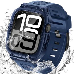 Goton 3 in 1 Waterproof Case with Band for Apple Watch with Built-in Tempered Glass Screen Protector 46mm, 360 Shockproof Bumper Face Cover with Band for Apple Watch Series 11 Series 10, 46mm (Blue)