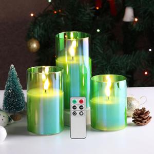 Eywamage Green Glass Flameless Pillar Candles with Remote, Flickering Battery LED Wax Candles Set of 3