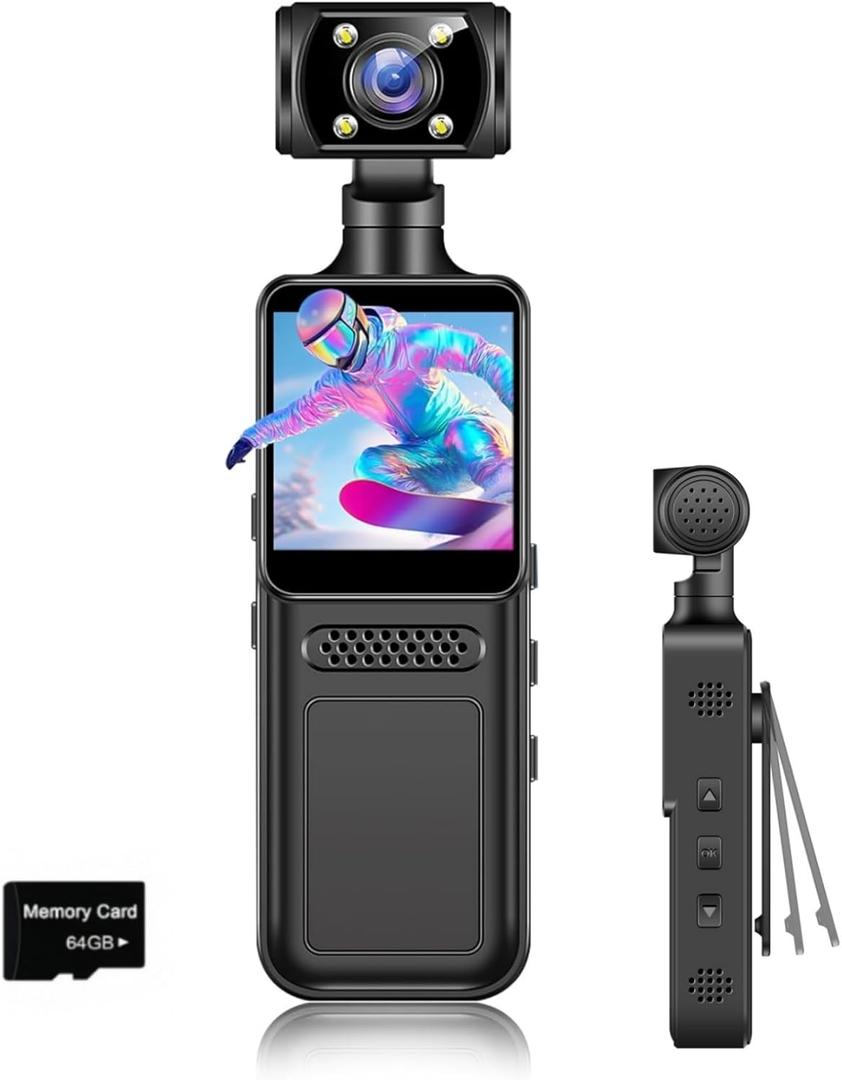 Mini Body Clip Camera with Audio and Video Recording FHD Mini Handheld Body Worn Cam Portable Small Personal Camcorder Sport Action Outdoor Video Recorder 64G Card Included