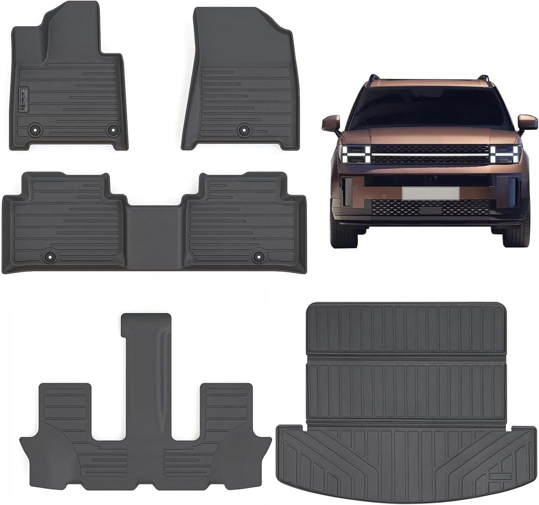 Floor Mats & Trunk Mat for 2024-2025 Hyundai Santa FENon Hybrid,TPE All Weather Protection 3 Rows Car Floor Liners with Large Cargo Liners Accessories-Black