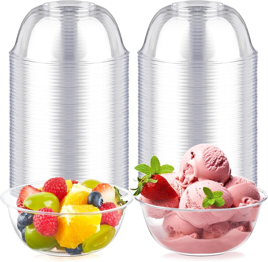 Qeirudu 12 oz Small Clear Plastic Bowls, 100 Pack Disposable Hard Plastic Party Serving Bowls for Salads, Ice Creams, Fruit, Desserts, Parfaits, Snacks