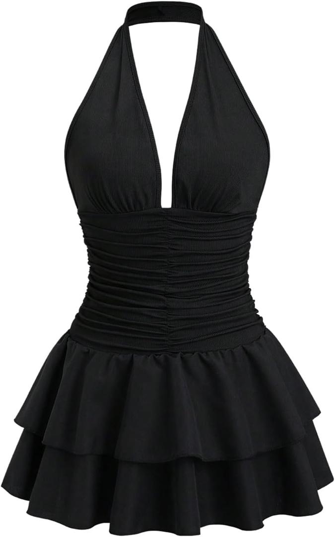 Milumia Women's Ruched V Neck Backless Halter Dress Sexy Tiered Layered Ruffle Dresses (Medium, Black)