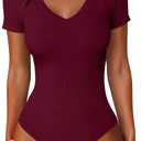 ANRABESS Bodysuits for Women V Neck Short Sleeve Body Suit Tops Slim Fit Ribbed Knit Soft Basic T-Shirts 2026 Summer Outfits Deep Red Large