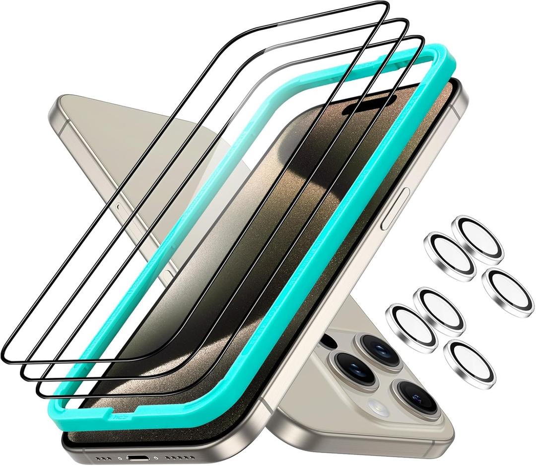 ESR 3+2 Pack for iPhone 15 Pro Screen Protector, [9H Hardness] [Military Grade Shatterproof] Full Coverage Ultratough Tempered Glass Film with Easy Installation Frame, 2 Set of Camera Lens Protector