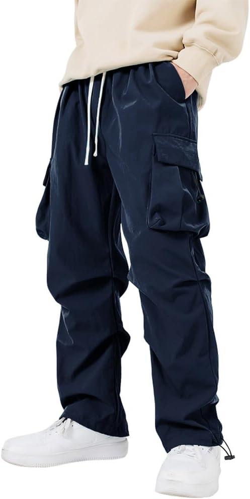 WZIKAI Men's Parachute Cargo Pants Trendy Casual Parachute Pant Baggy Drawstring Hip Hop Harem Pants with Pockets (X-Large, Navy Blue)