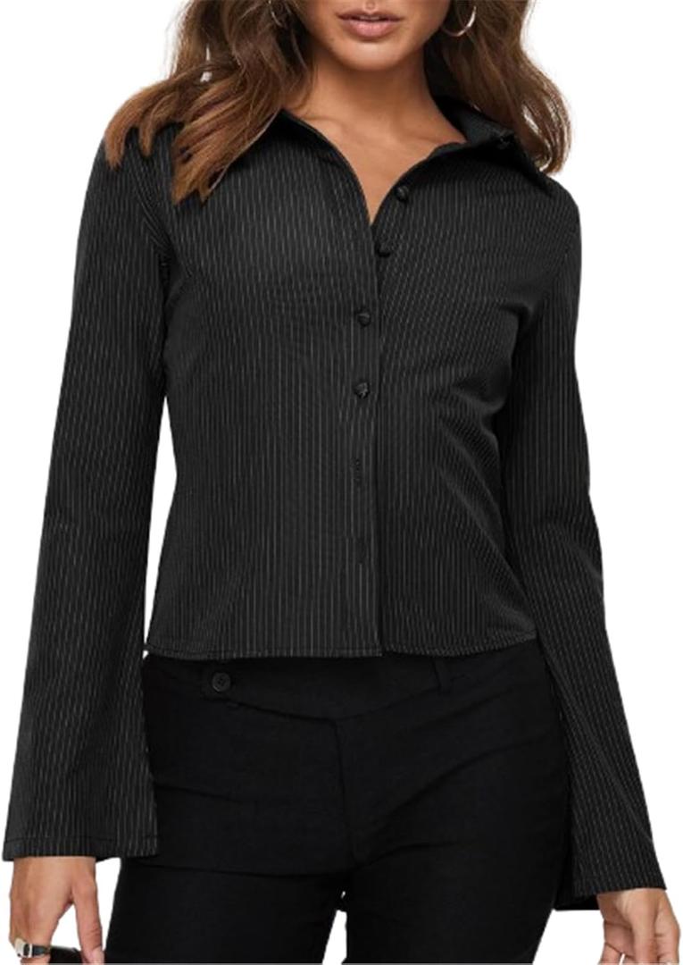 ECHOINE Women Button Down Shirts Long Sleeves Slim Fitted Casual Collared Blouses Work Striped Tops (Black) XL