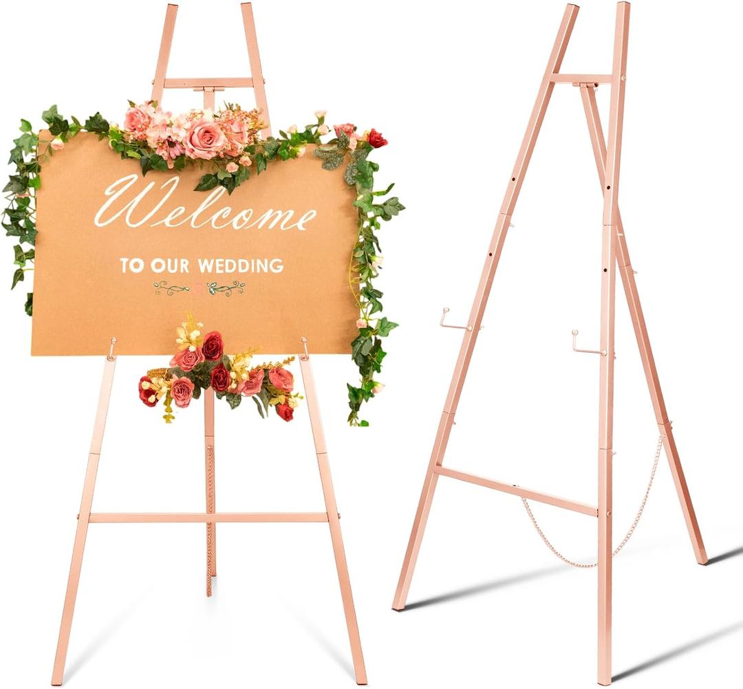 CroBlissful Rose Gold 50" Easel Stand for Wedding Sign 3 Tier Height Metal Display Easel with Adjustable Chain Heavy Duty Floor Display Stand Tripod for Painting Wedding Sign Party Poster