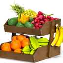 Bamboo Fruit Basket for Kitchen 2 Tier Fruit Bowl For Kitchen Counter, Large Fruit Holder With 2 Banana Hangers, Idea For Fruit and Vegetable Storage, Bread Basket, Snack Organizer (WALNUT)
