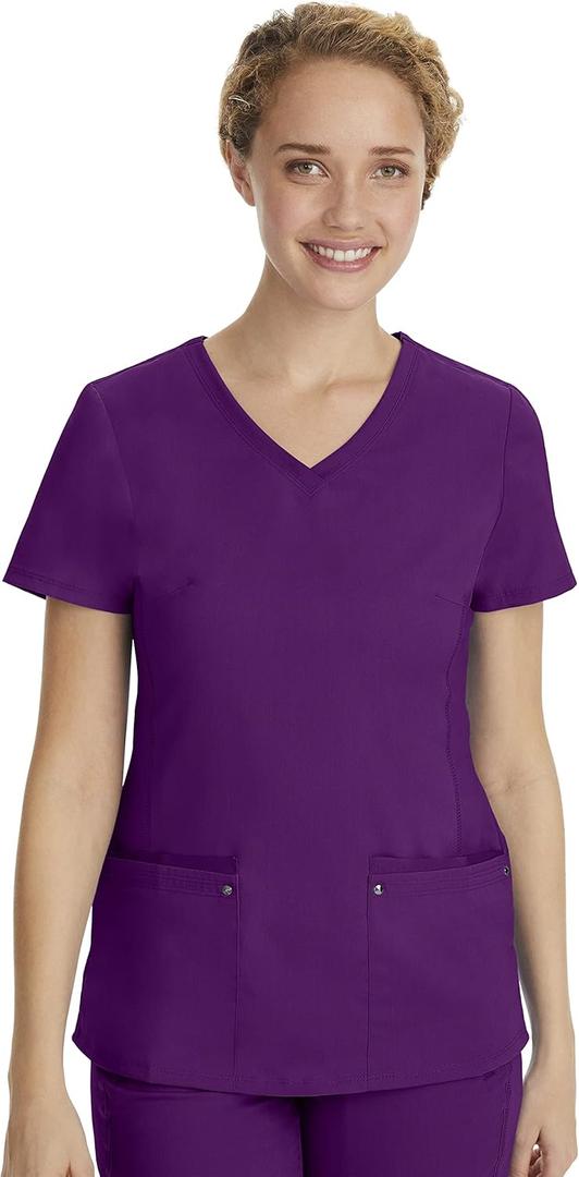 Healing Hands Women's Scrub Top V-Neck with 2 Pockets, 2-Way Stretch, and Yoga Knit Side Panels for Slim Fit- 2245 (Purple)