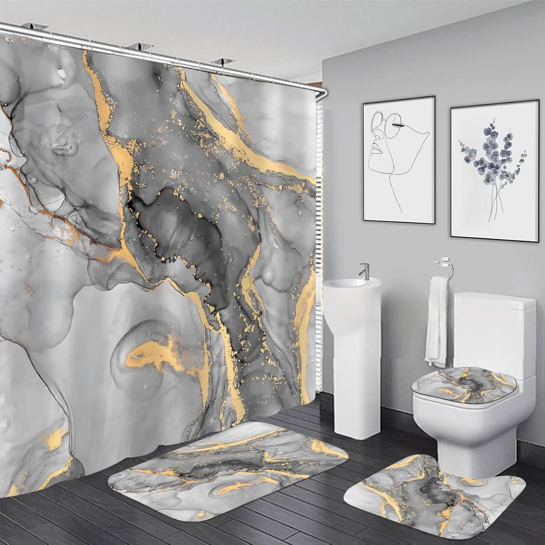 Nkzply 4 Pcs Grey Marble Shower Curtain Set White Modern Abstract Bathroom Sets with Shower Curtain and Rugs Silver Gold Fabric Shower Curtains for Bathroom Decor Accessories Toilet Lid Cover Hooks