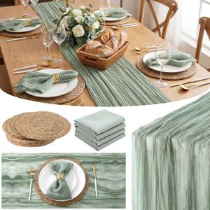 Breling 14 Sets Boho Sage Green Table Decor Set, 120 inch 10FT Cheesecloth Table Runner, 20"x20" Gauze Napkins Bulk, Grass Woven Placemats for Dining, Kitchen, Wedding, Party Farmhouse Decor, 35.43 x 118.11 inches
