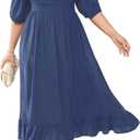 Women's Plus Size Maxi Dress Summer Half Lantern Sleeve Square Neck Smocked Flowy A-Line Elegant Wedding Guest Dresses (Blue), 4 XL