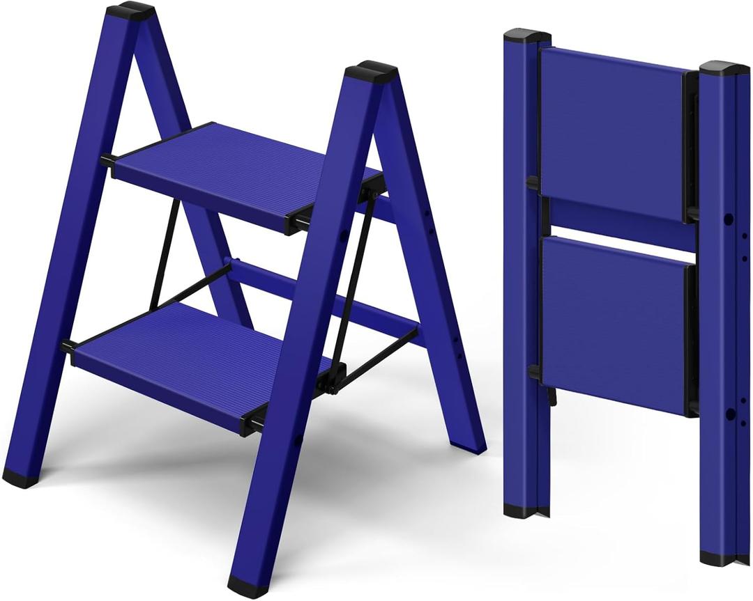Taranta 2 Step Ladder,Aluminum Lightweight Folding 2 Step Stool with Anti-Slip Wide Pedal,330lbs Capacity Step Ladder for Household,Kitchen,Office - Blue