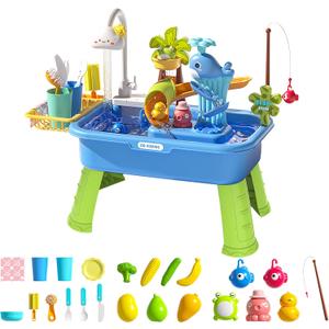 Upgraded Toddler Sand Water Table Toy with Electric Water Pump, Kids Sand Water with Faucet/Play Food Accessories/Fishing Toy, Kitchen Play Sink Toys for Girl Boy Age 3+ (Blue)