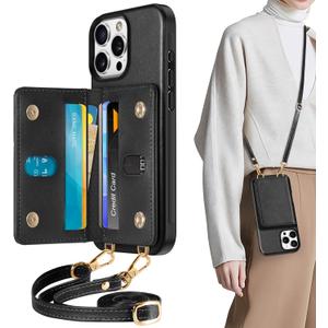 TUCCH Crossbody Wallet Case for iPhone 16 Pro Max (6.9"), RFID Blocking [6 Card Slots][Detachable Adjustable Lanyard], Magnetic Wallet PU Leather Shockproof Phone Cover for iPhone 16 Pro Max, Black