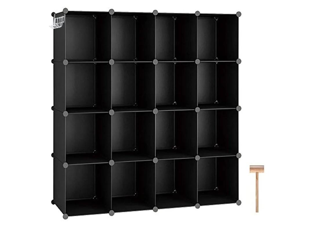 C&AHOME Cube Storage Organizer, 16-Cube Shelves Units, Plastic Storage Cubes, DIY Closet Organizer, Modular Closet Storage Shelves Ideal for Home, Bedroom, 48.4" L × 12.4" W × 48.4" H Black SUM3016H