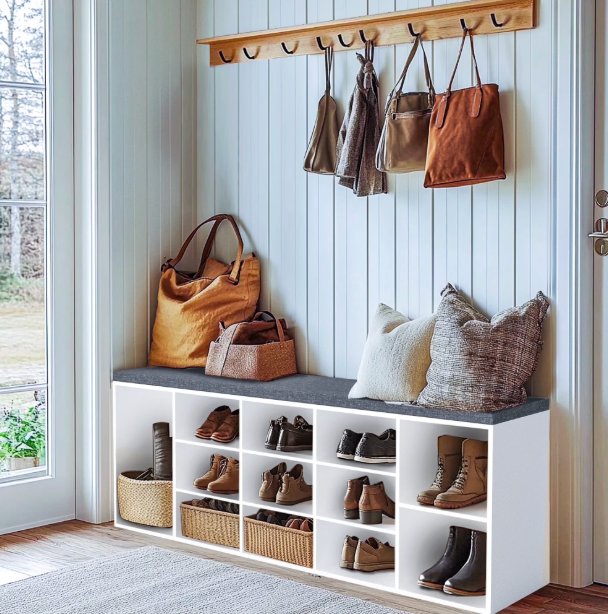 Pamapic White Shoe Storage Bench with Adjustable Shelves, Holds up to 13 Pairs of Shoes