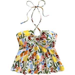 SOLY HUX Women's Boho Print Halter Cami Top Sleeveless Backless Ruffle Flared Summer Crop Tops (S)