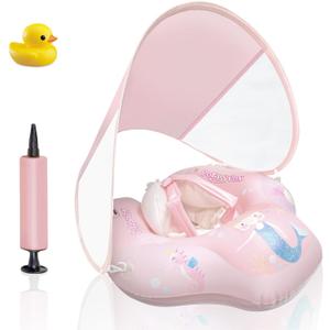 Baby Pool Float with Canopy,Pool Float for Toddlers 6-36 Month, Pink Infant Float,Baby Swim Float&Baby Swimming Float UPF50+ Sun Protection,Kids Floaties for Pool and Beach with Pump. (Small)