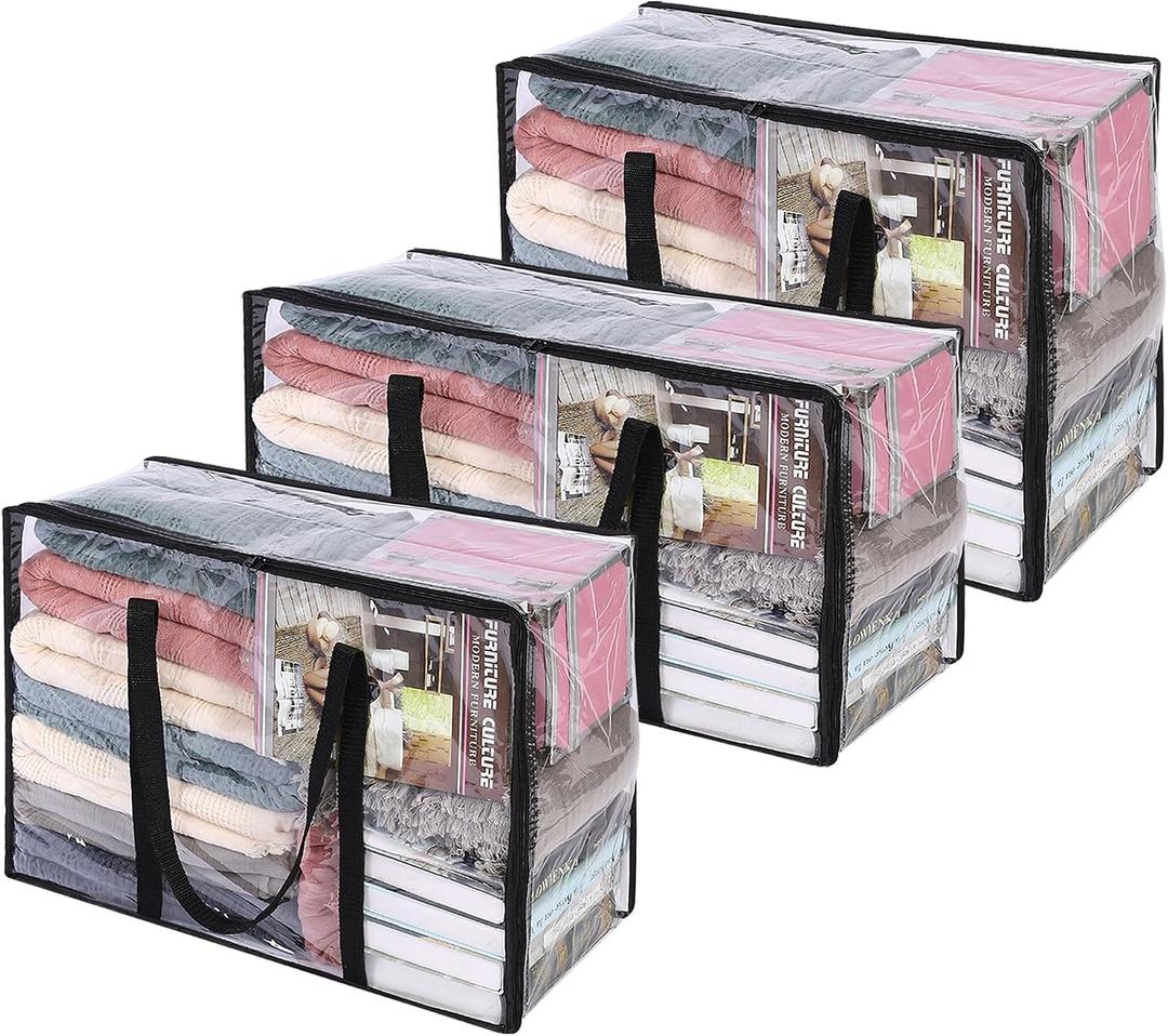 3 Pack 40L/60L/90L Clear Clothes Storage Bags with Zipper | Plastic Storage Bag, Foldable Closet Organizer, For Comforter Blanket Bedding Duvet Toys, Moving Bags