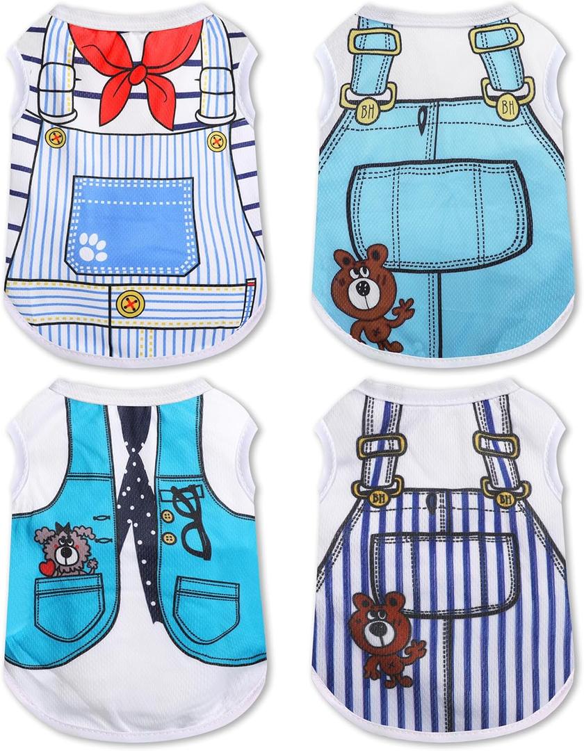 4 Pack Mesh Dog Shirts for Small Dogs: Stretchy Dog Clothes with Cute Patterns, Size XXS-XL Fit for 2-16lb Dogs Pet T-Shirts, Girl & Boy Puppy Clothes for Spring Summer (Blue Set, Small)