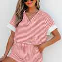 KevaMolly Womens Lounge Sets V Neck Tee and Casual Short Set Casual Pocket Decoration Two Piece Sets (Pink, S)