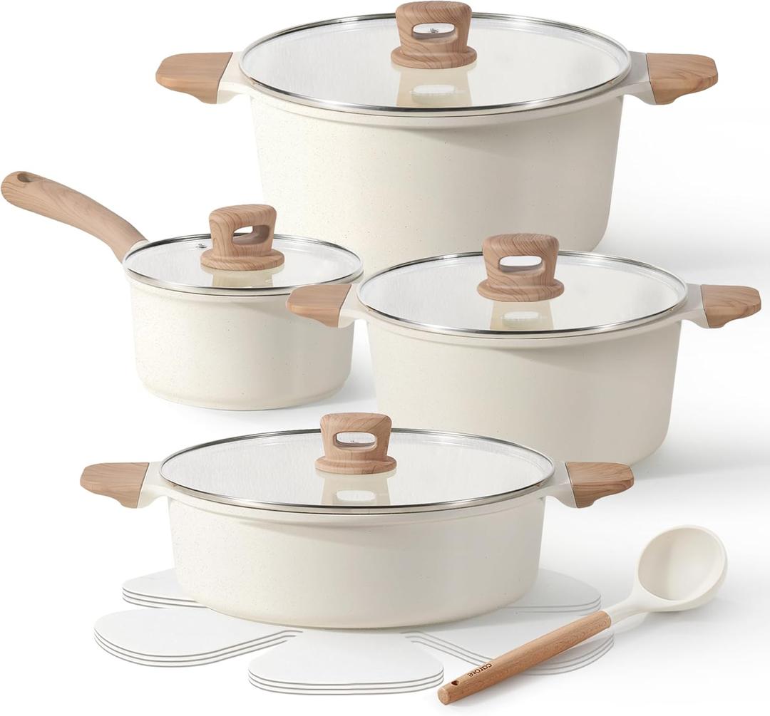 CAROTE 12 Pcs Pots and Pans Set Nonstick, White Granite Induction Cookware Non Stick Kitchen Cooking Set with Utensil and Pan Protectors