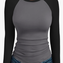 Trendy Queen Women's Long Sleeve Shirts Slim Fit Stretchy Color Block Slightly Cropped Tops M