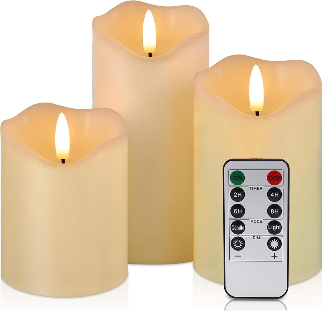 Flickering Flameless Candles with Remote and Timer, Realistic LED Candles, Battery Operated Candles for Christmas Home Wedding Birthday Decoration, Real Wax Set of 3(Ivory White)