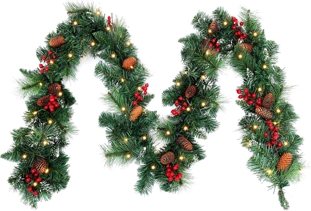 9ft Pre-Lit Artificial Christmas Garland,Christmas Tree Garland,Xma Tree Garland with Lights,Decorated with Pine Cones, Berry Clusters, Plug in, Christmas Collection,