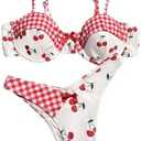 Milumia Women's 2 Piece Underwire Bikini Set Cherry Gingham Bow High Cut Push Up Swimsuit.  Size: S
