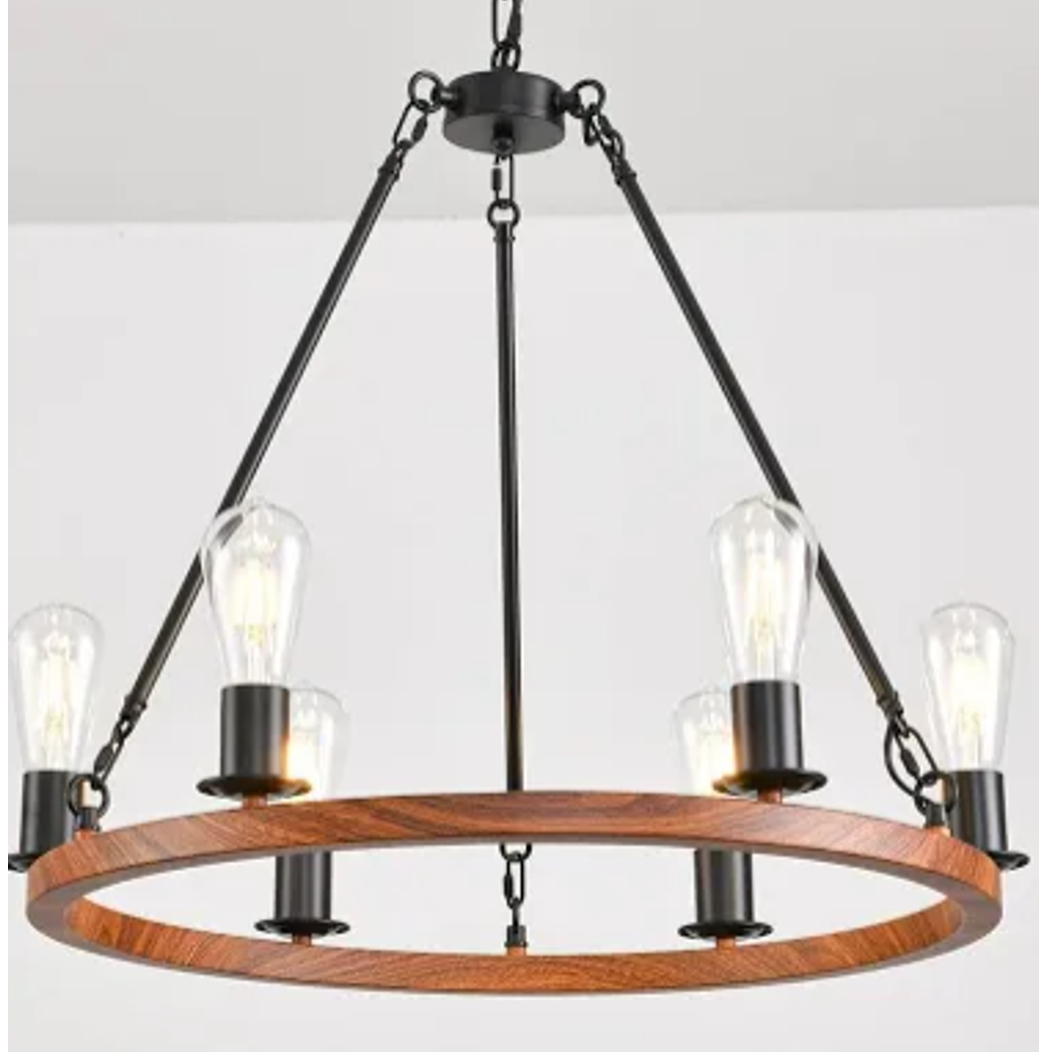 Wagon Wheel Chandelier 25-Inch 6-Light,Small Round Rustic Farmhouse Chandelier Metal Circle Chandeliers for Dining Room Living Room High Ceilings,Wood-Grain Surface