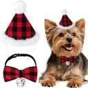 Dog Buffalo Plaid Christmas Hat and Bowtie Set, 2Pcs Pet Christmas Outfit Costume for Small Medium Dogs Cats (Red)