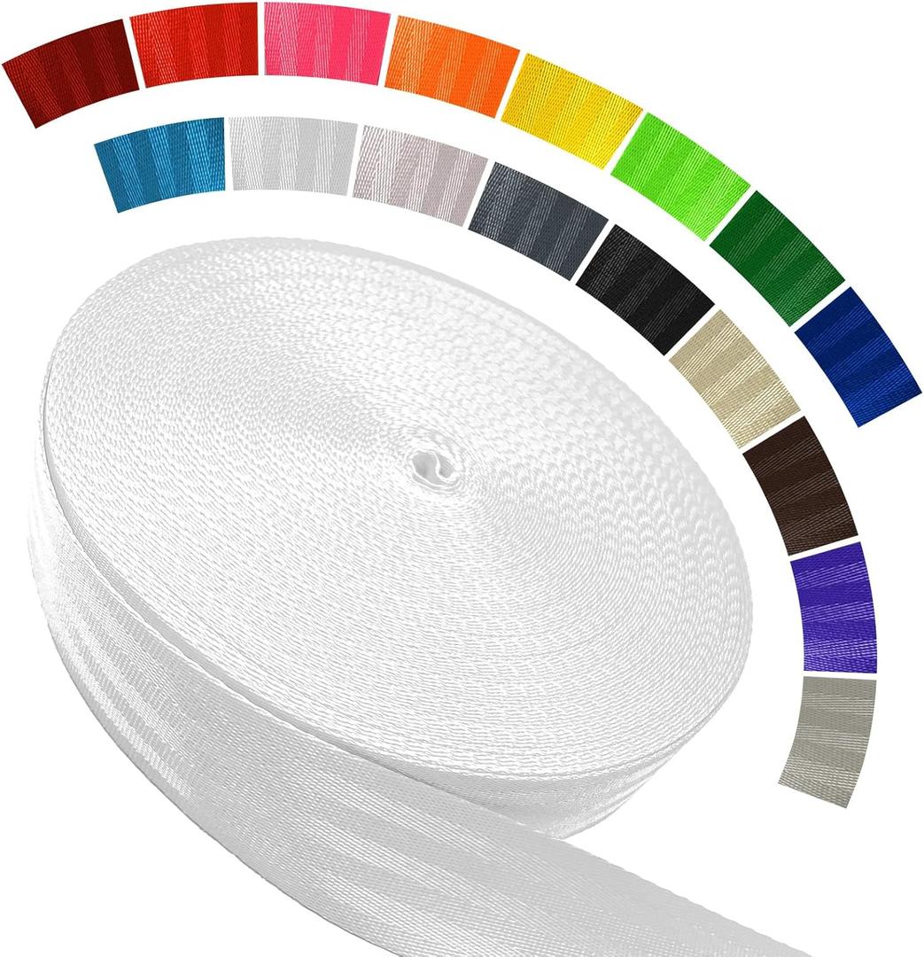Polyester Webbing Strap 16+Colors  1"&1.5"&1.9"  16.5 25 33 55 Yards Heavy Duty Webbing Roll, Flat Webbing Strap for Indoor&Outdoor Gear, Climbing, DIY Crafting, Repairing (White)