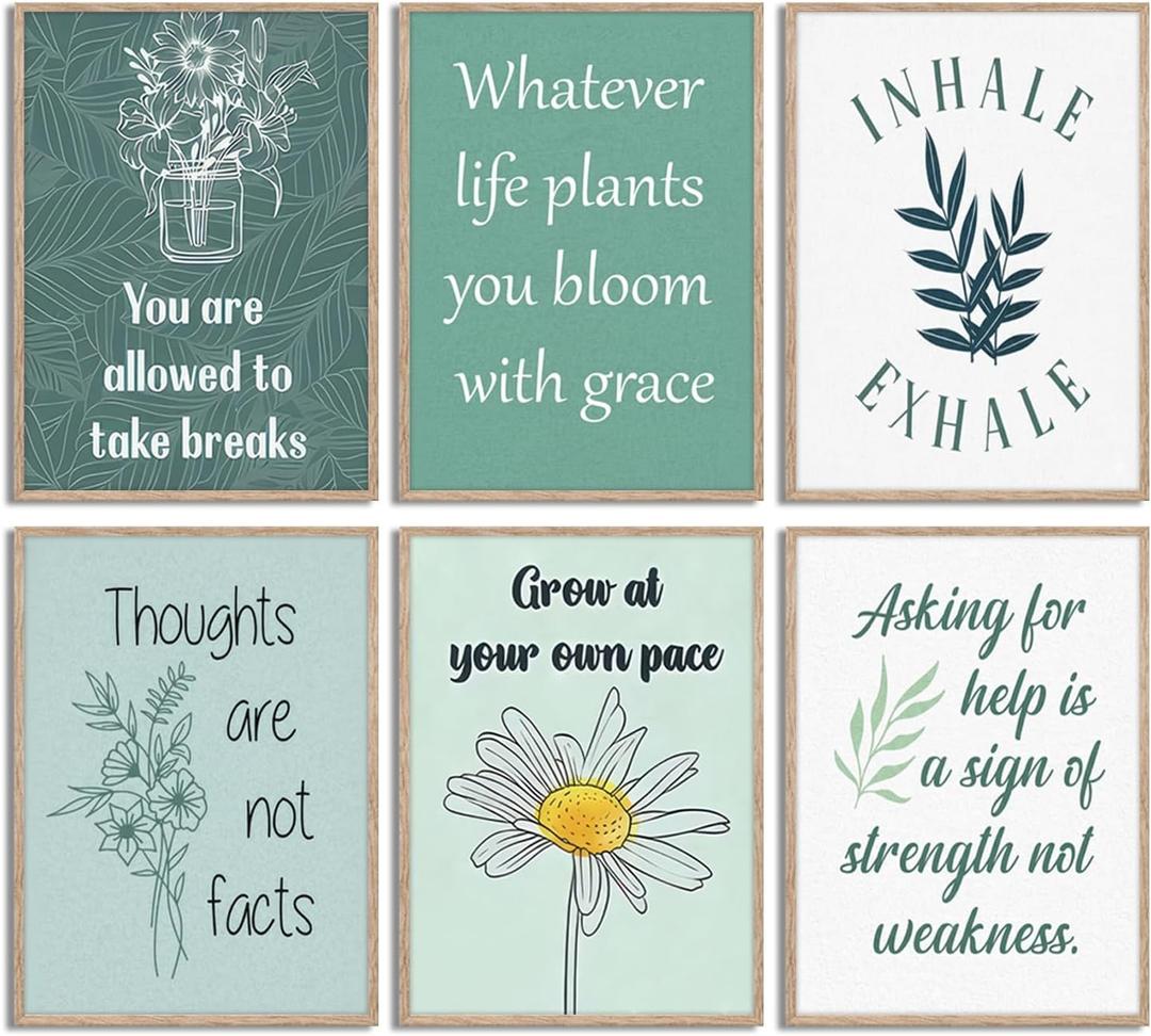 6Pcs Mental Health Canvas Wall Art Green Boho Psychology Therapy Print Artwork Inhale Exhale Inspirational Quotes Painting Pictures Wall Decor for Bedroom Office Home Decoration 12x16In Unframed (16L"x12W")