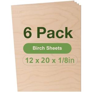 Rowood 6 Pack Birch Plywood 1/8,12x20x1/8inch, 3mm Thick Unfinished Wood for Laser Cutting and Engraving, DIY Ornaments, Wood Burning, Models Drawing