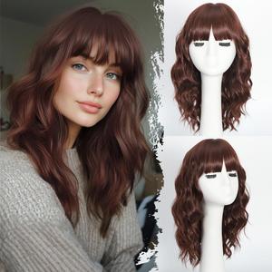 Chocolate Brown Wig with Bangs Short Wavy Wigs for Women Curly Bob Style Wear and Go Natural Synthetic Wigs for Halloween Costumes Cosplay Daily Party Use 16IN