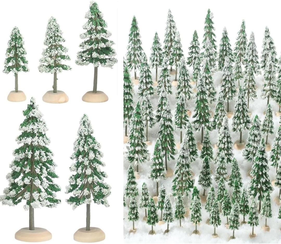 Janinka 100 Pcs Christmas Mini Village Tree Bottle Brush Christmas Trees with Color Natural Wood Base Model Plant for Xmas Craft Table Decor Train Scenery Architecture DIY Craft Model Landscape 5 Size