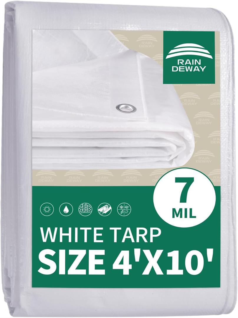 RAINDEWAY Small Tarps 4x10 Feet Tarp Waterproof,7Mil Thick,Finished Size,UV Resistant,Multipurpose Poly Tarp Cover with Metal Grommets and Reinforced Edges,White Tarps