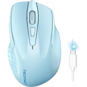 TECKNET Wireless Mouse (BT5.0/3.0 & 2.4G) Rechargeable 4800 DPI Silent USB A & Bluetooth Mouse 6 Buttons, Wide Compatibility - Lightblue