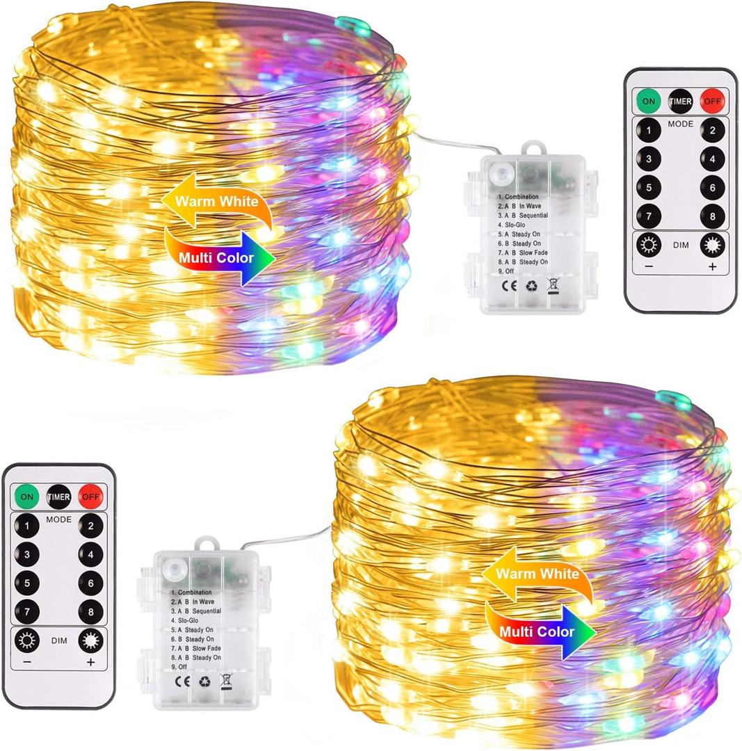 JMEXSUSS 2 Pack Color Changing Fairy Lights Battery Operated, Total 200 LED 66ft Color Changing Christmas Lights with Remote, 8 Modes Twinkle String Lights for Bedroom Decor, Warm White & Multicolor