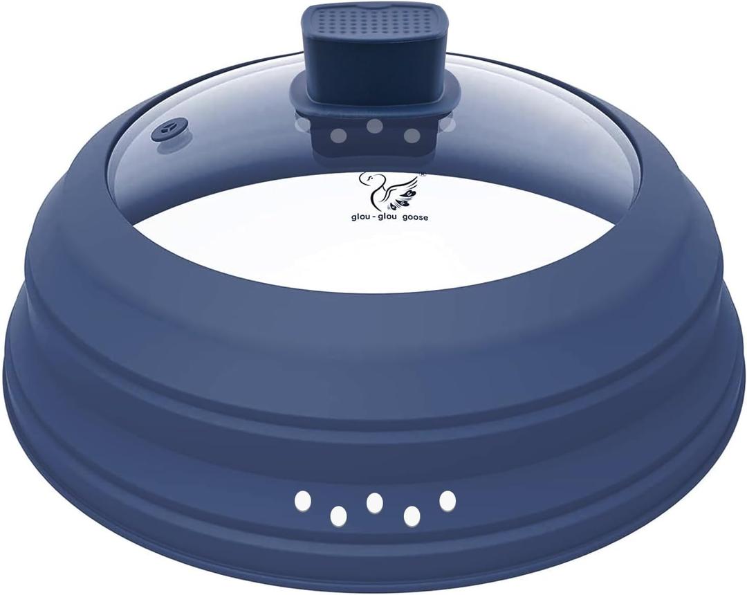 Tall Microwave Splatter Cover Glass Cover Guard Lid 6 inch Height with Collapsible Silicone for Food Pot Plate 12.5 inch Dark Blue