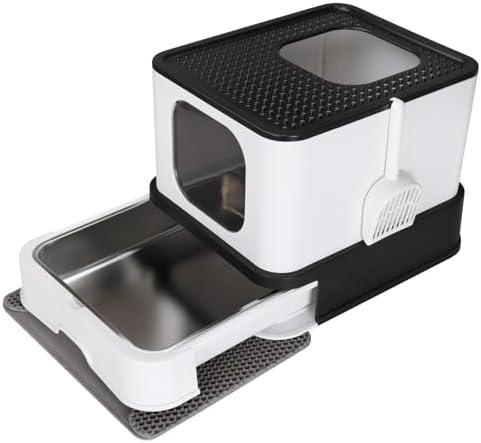 RIZZARI Enclosed Cat Litter Box with Lid, Large Foldable Litter Box with Litter Scoop, Top Entry Cat Toilet for Kittens and Big Cats (Dark Gray,Stainless Steel, Large)