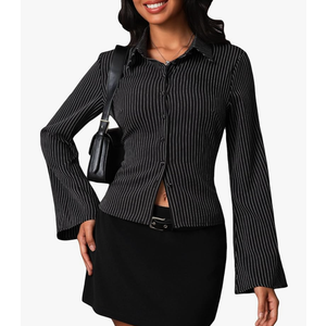 Women Striped Fitted Button Down Shirts Bell Long Sleeve Shirt Office Work Blouse Tops Medium