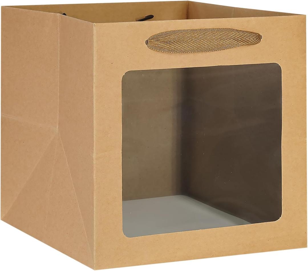 KEYYOOMY Brown Square Kraft Paper Gift Bags with Window- Small Square Bottom Gift Bag with Handles Party Favor Bag for Wedding Party Birthday Christmas (12 CT, 6x6x6 In)