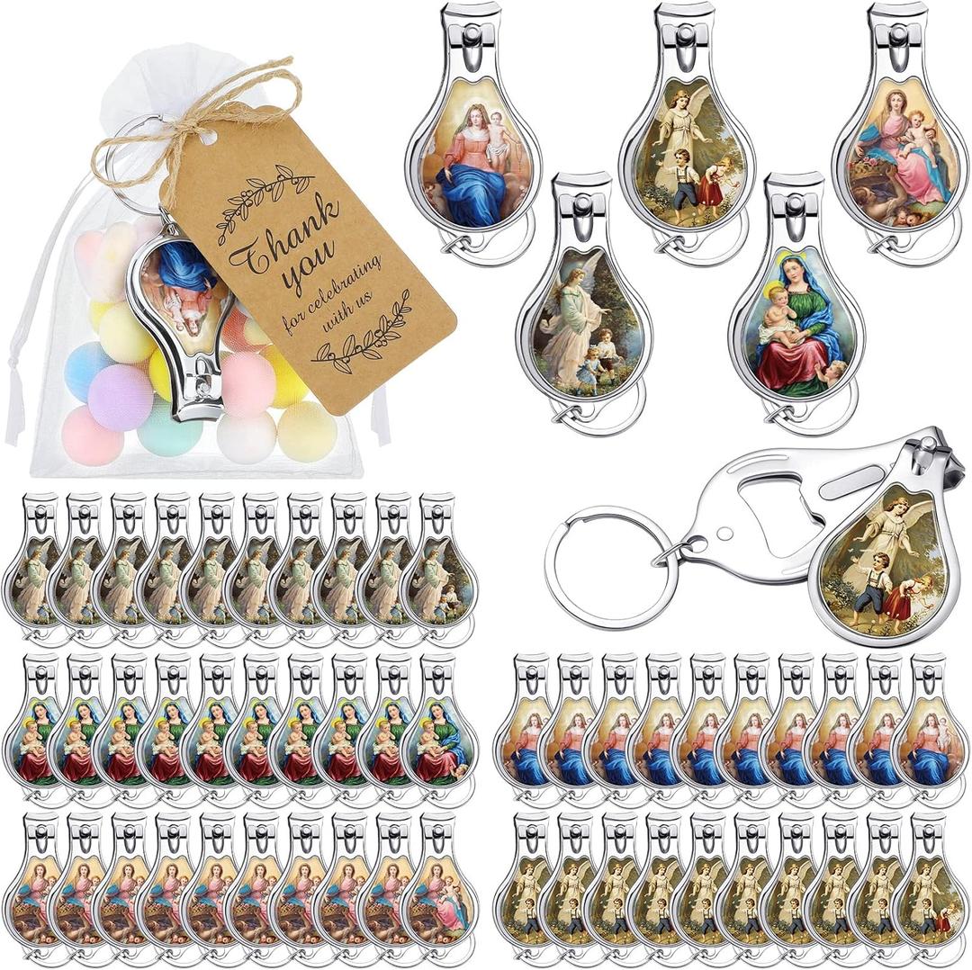 Karenhi 50 Set Baptism Party Favors for Guests Angel Keychain with Nail Clipper and Bottle Opener Baptism Favors Souvenirs Gifts with Thank You Tag Organza Bags for Baby Shower Birthday Party
