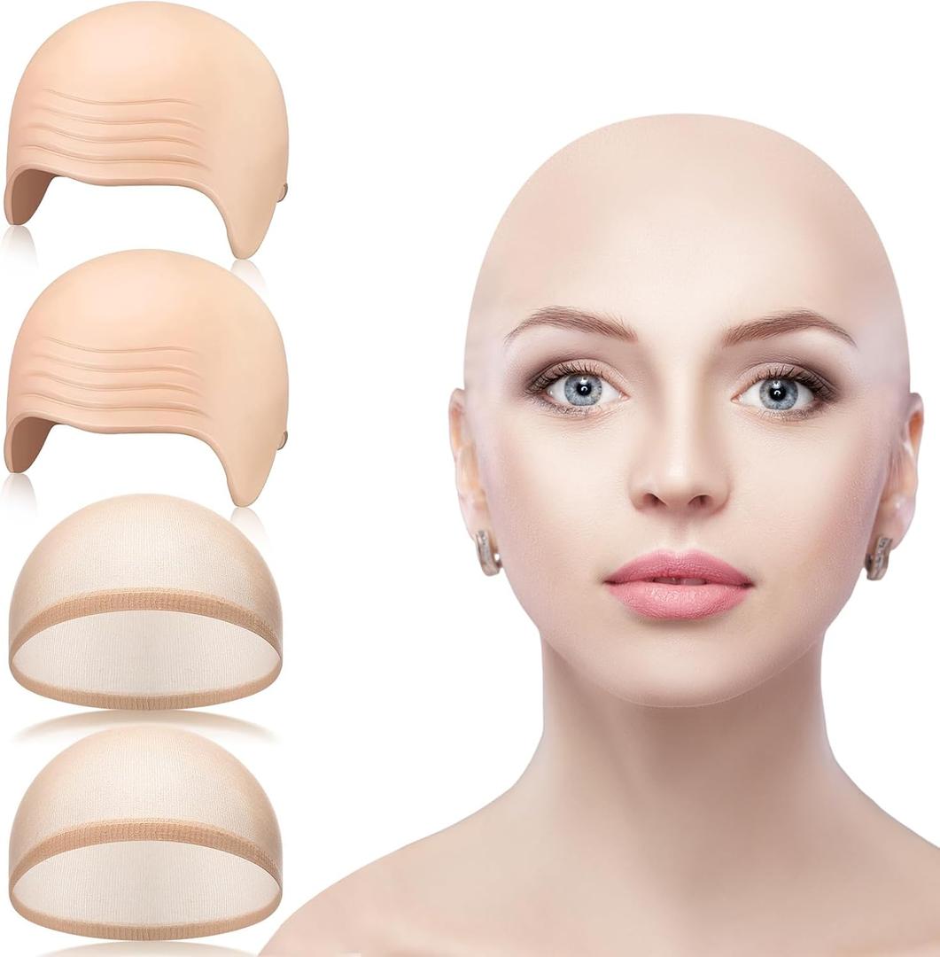 WILLBOND 4 Pcs Bald Cap Makeup Latex Bald Head Caps for Adults Women Men Makeup Costume Accessories for Halloween Party Cosplay Theater